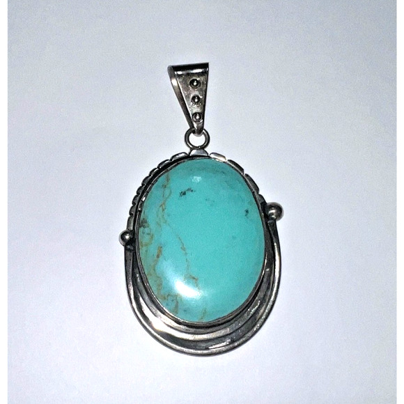 Vintage Sterling Silver Large Kingman Turquoise Pendant Southwest Navajo Style - Picture 2 of 5